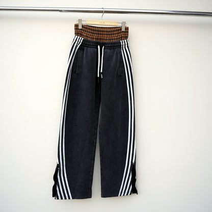 Oem Acid Vintage Washed 100% Cotton Sweatpants Striped Side Men Custom Zipper Bottom Wide Leg Double Waisted Sweatpants