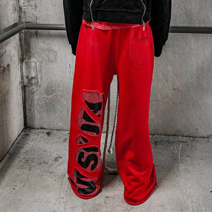 Winter Thick Cotton Distressed Washed Jogger Track Pants Custom Men Oversized Wide Leg Rhinestone Logo Printing Baggy Sweatpants