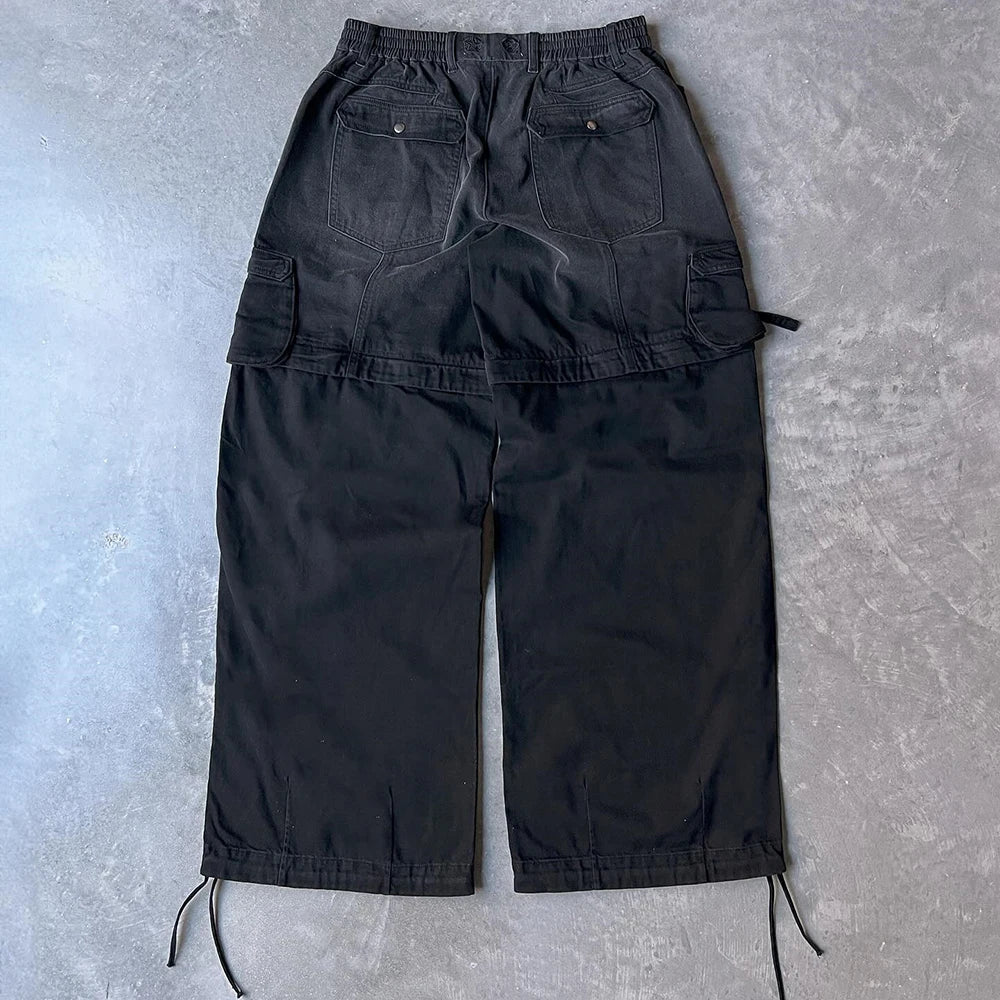 Huili Factory New Arrival Vintage Washed Thick Cotton Black Work Pants Trousers Men Custom Wide Leg Convertible Cargo Pants