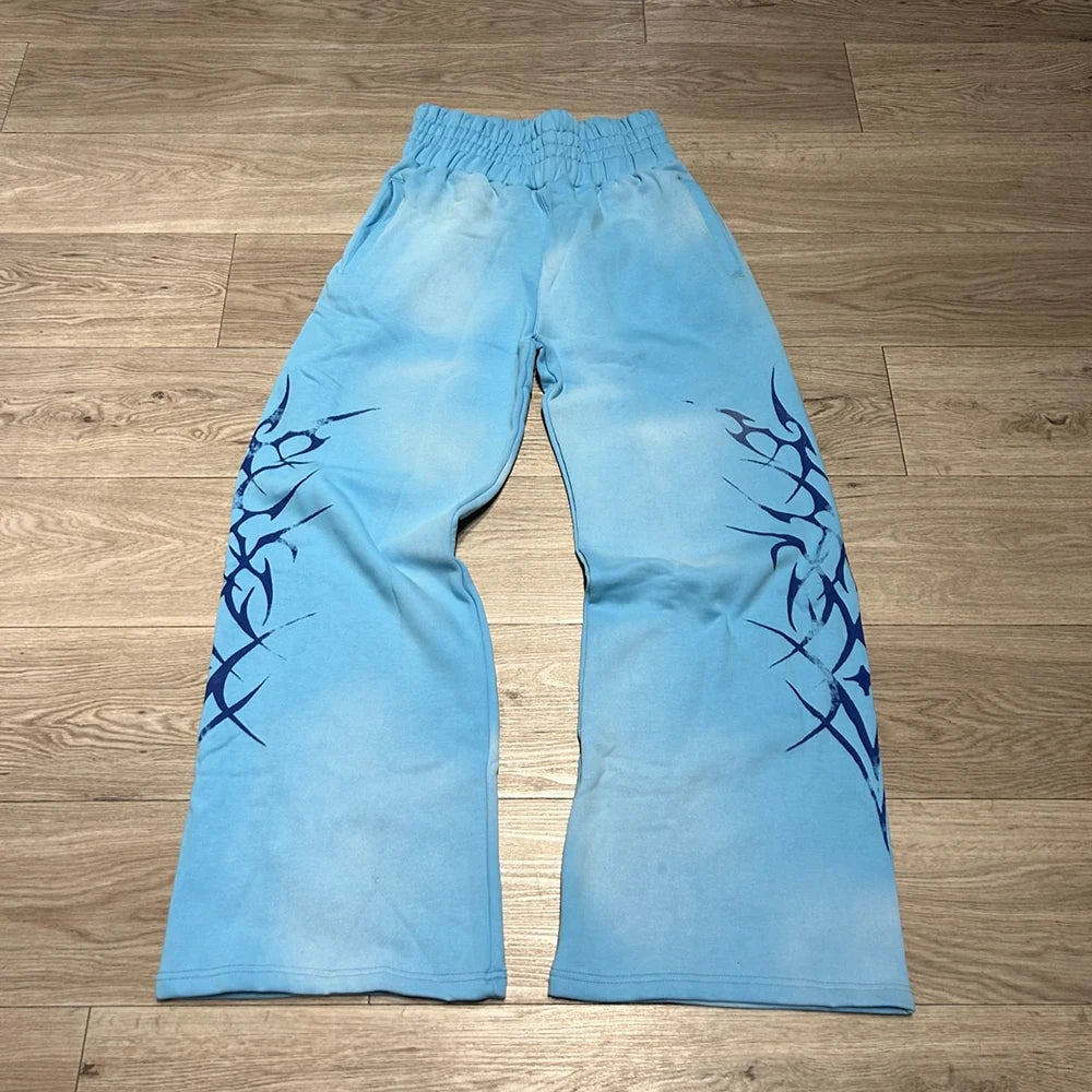 Huili Custom Logo Printing Heavyweight Cotton Streetwear Track Pants Men Oem Vintage Washed Rhinestone Wide Leg Baggy Sweatpants