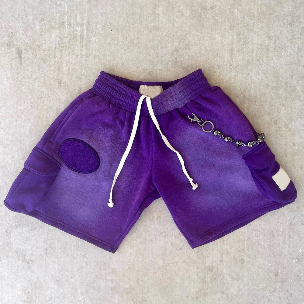 Huilin Manufacturer Oem Chenille Applique Embroidery Patched Shorts Men Vintage Washed Sun Faded 100% Cotton Sweat Shorts