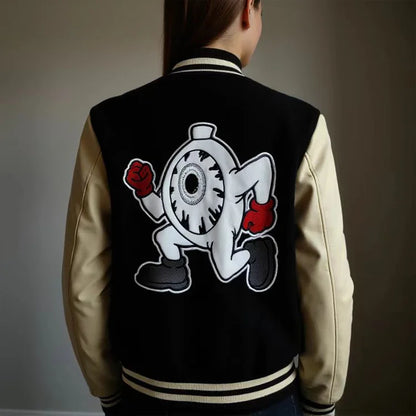 Thickened lining Winter Warm Baseball Jacket Leather Sleeve Fleece Fabric Patchwork Badge Embroidered Varsity Jacket