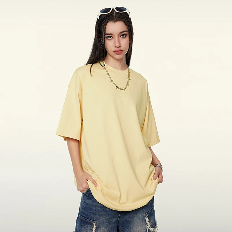 Huili Wholesale 2024 Summer Spring Street Loose Shape 345G Heavyweight Cotton Solid Color Short Sleeve Men's T-Shirts Unisex