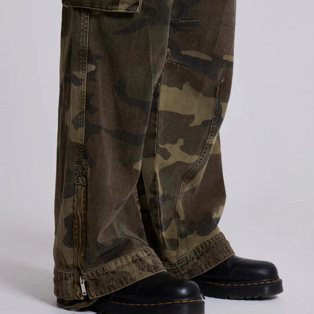 Huilin manufacturer customized 100% cotton streetwear tactical pants men custom camo printed wide leg baggy cargo pants