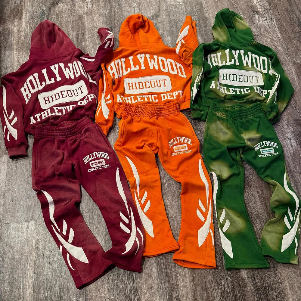 Huilin Custom Vintage Washed Heavy Cotton Streetwear Hoodie Sweatpants Sets Oem Embroidery Logo Patched Men Tracksuit Sets