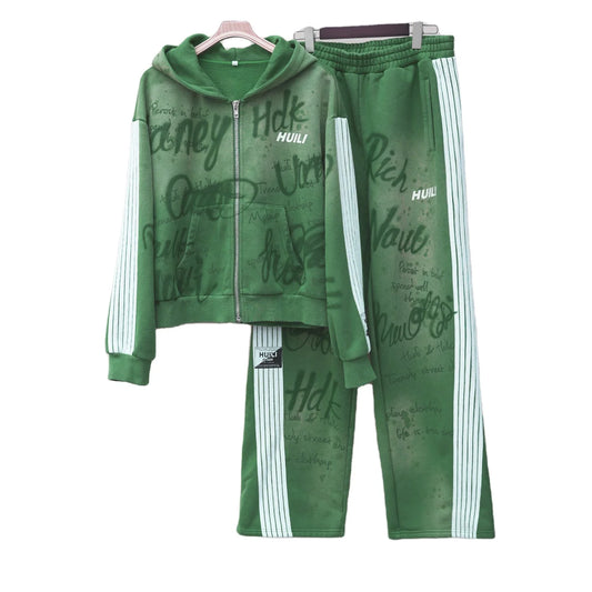 Vintage Washed Unisex Oversized  Tracksuits Sets Custom Logo Printed Striped Trimmed Men Graffiti Hoodie Sweatpants Sets