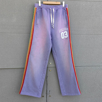 Manufacturer Oem Heavyweight Cotton Side Rhinestone Track Pants Men Custom Vintage Washed Sunfaded Wide Leg Sewatpants