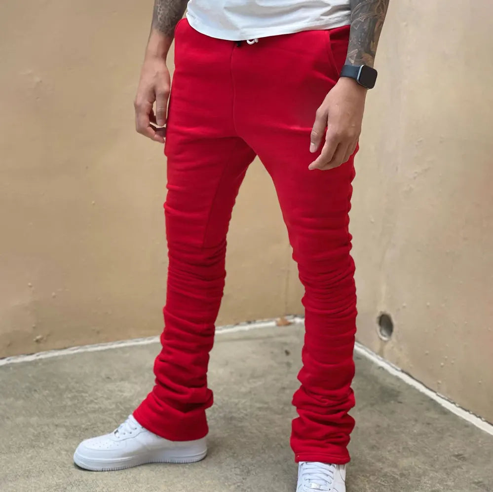 Huilin Hot Selling Solid Color Blank 100% Cotton Sweatpants Men Custom Slim Fit Drawstring Extended Jogger Stacked Sweatpants