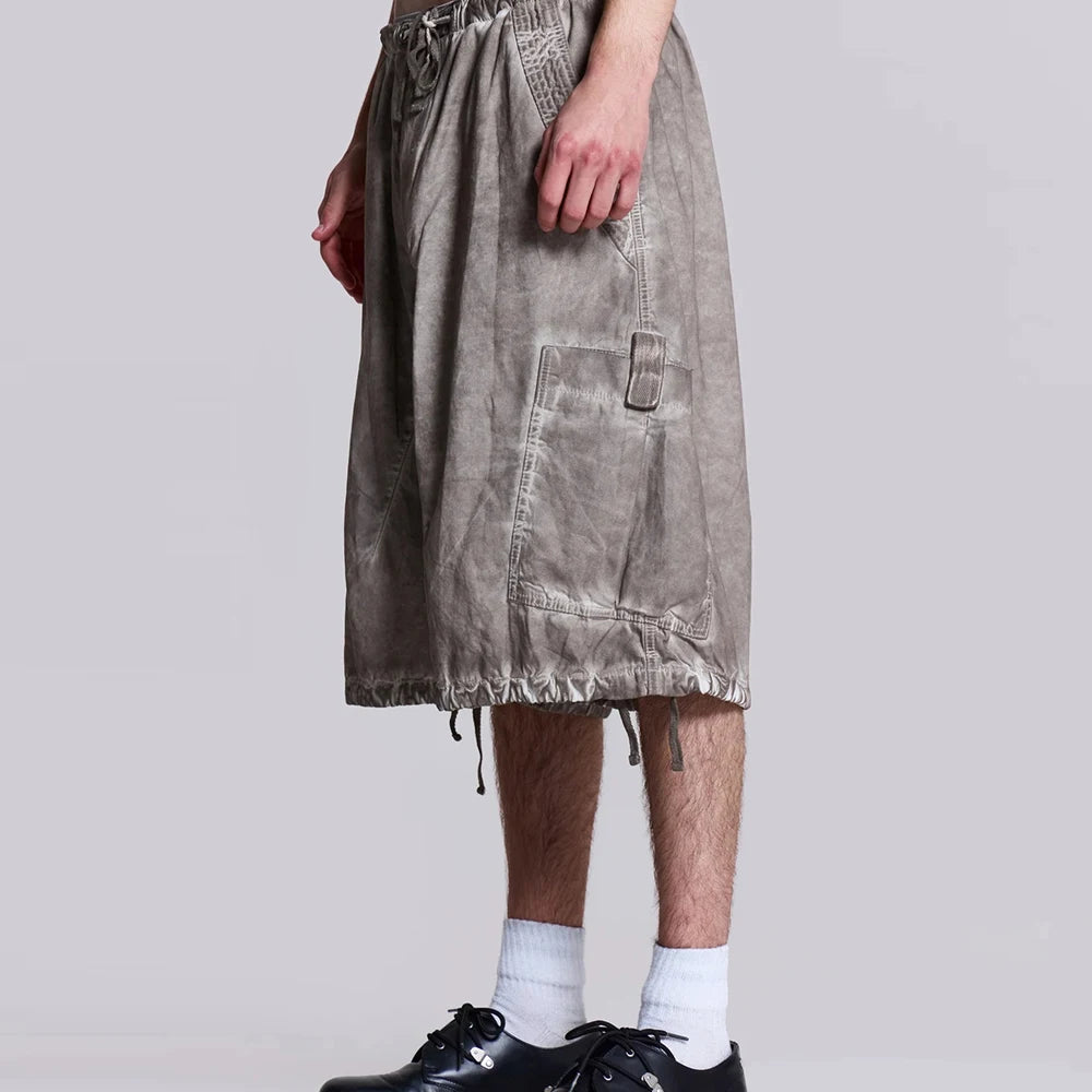 Huilin High Quality Custom Thick Cotton Cargo Shorts Men Vintage Oil Washed Baggy Wide Leg Parachute Shorts Pants