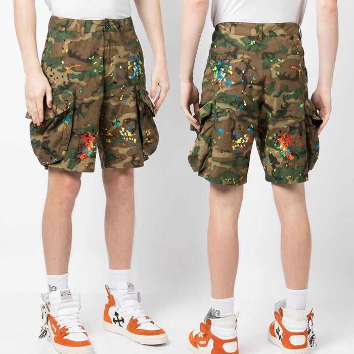 Huilin Custom Heavy Cotton Shorts Pants Men Streetwear Shorts Custom Splash Graffiti Print Men Utility Pockets Camo Cargo Shorts