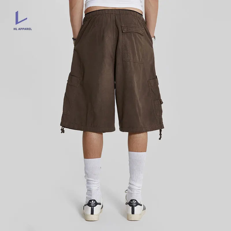 Huilin Clothing Factory 100% Cotton Shorts Pants Men Oversized Wide Leg Shorts Custom Big Pocket Streetwear Baggy Cargo Shorts