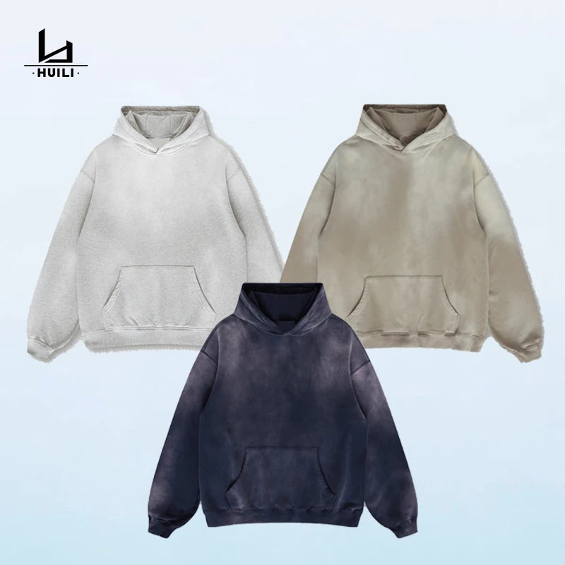 Huili Wholesale High Quality Street Men's Hoodies Boxy Fit Blank Vintage Wash Hoodies Men's Sweatshirt Pullover Hoodies