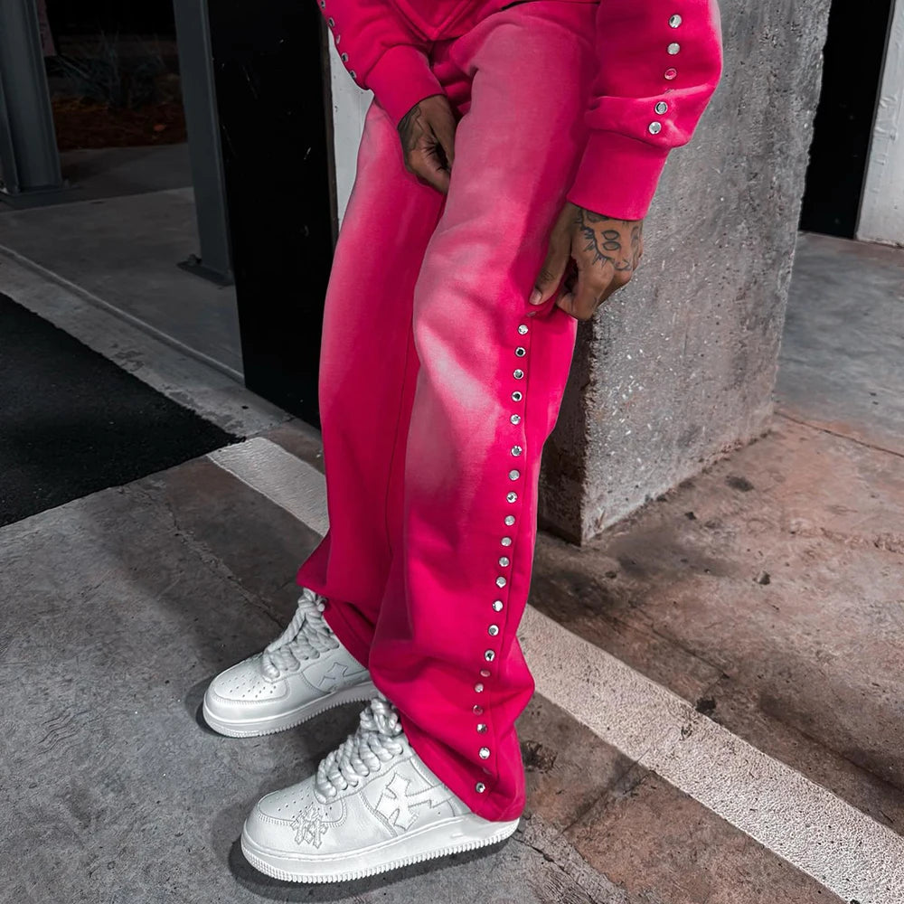 Huili High Quality Custom Heavyweight Cotton Wide Leg Track Pants Oversized Fit Men Wide Leg Rhinestone Baggy Sweatpants