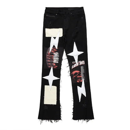 Manufacturer Custom Frayed Raw Edges Patchwork Stacked Flare Jeans Embroidery Print Patch Denim Pants For Men