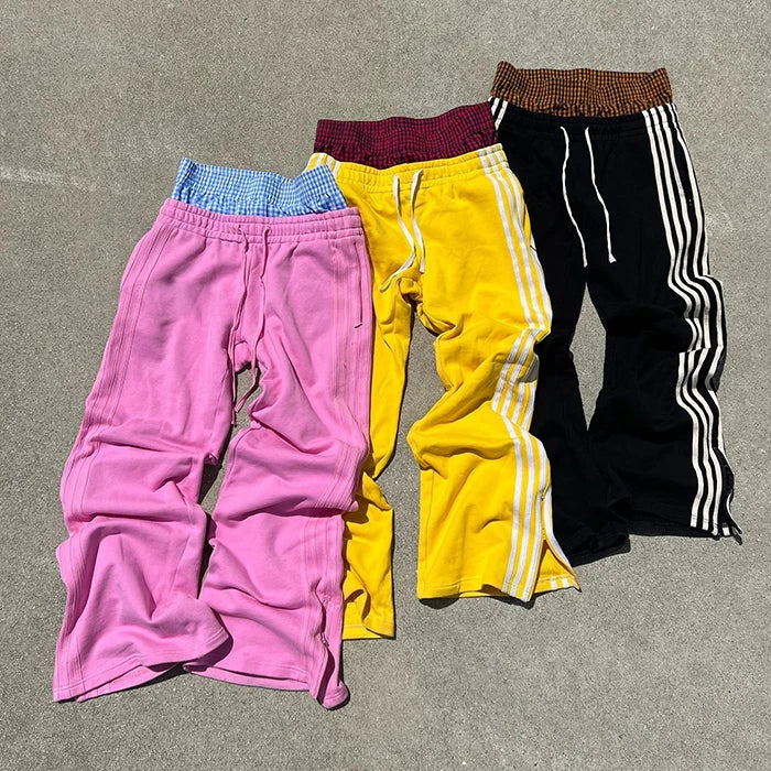 Huilin Oem Acid Vintage Washed 100% Cotton Sweatpants Striped Side Men Custom Zipper Bottom Wide Leg Double Waisted Sweatpants