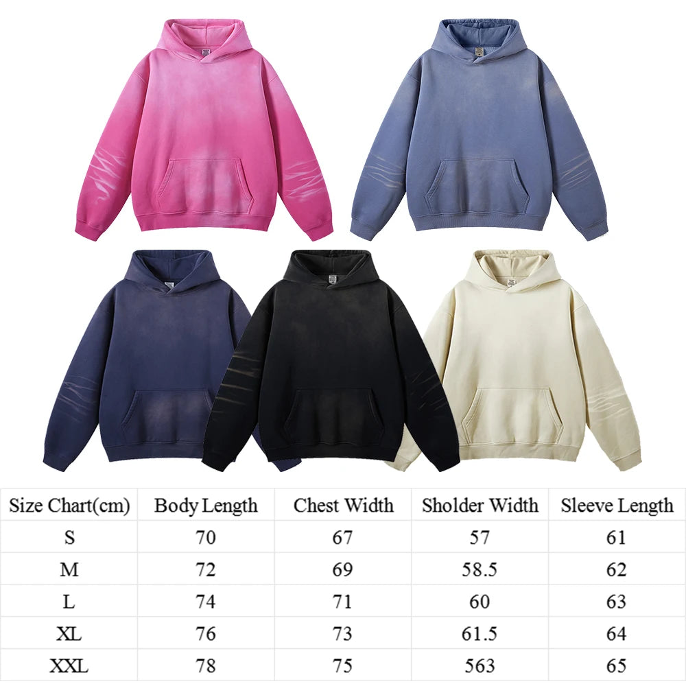 Huili Winter Heavyweight Cotton Unisex Oversized Pullover Hoodies Custom Vintage Washed Men Fleece Lining Sun Faded Hoodie