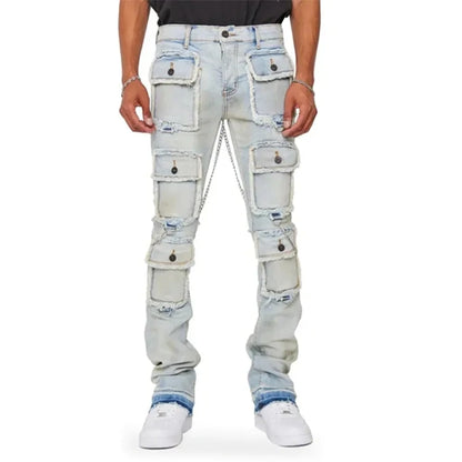 High street vintage washed men's jeans skinny OEM custom multi Patch pocket denim pants cargo stacked jeans