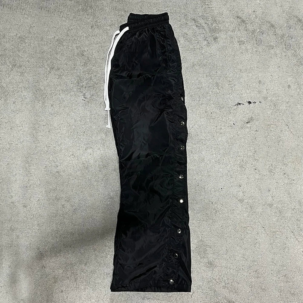 Solid Color Blank Streetwear Nylon Pants Elastic Waist Men Custom Snap Button Side Wide Leg Track Pants