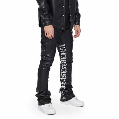 Streetwear black leather pants wholesale designer trendy heavyweight flare stacked jeans men custom letter jeans