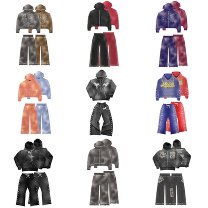 Factory Customized Vintage Washed Sunfaded Mens Tracksuit Sweatsuits Oem Rhinestone Two Piece Sweatpants Hoodie Sets