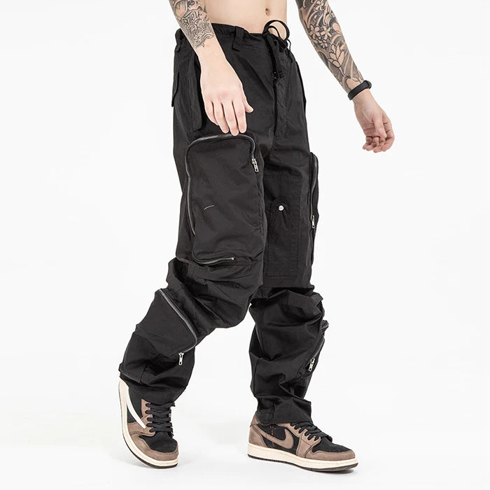 HUILIN Hot Selling New Style Drawstring Waist Multi Pockets Y2K Pants Cargo Pants Men Big Zip Pocket Baggy Pants