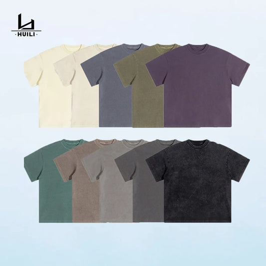 Huili Manufacturer Custom Logo 200gsm Vintage Blank Oversized Tshirt 100% Cotton T-Shirt Printing Acid Washed T Shirt For Men