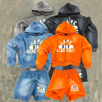 Custom Logo Screen Printing Two Piece Hoodie Sweat Shorts Sets Men Streetwear Sweatsuits Thick Cotton Tracksuit Set