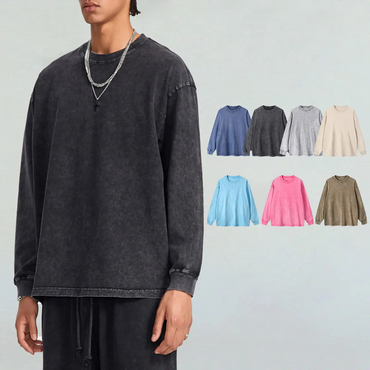 Trending Streetwear Supplier Low MOQ Acid Wash Oversized Blank Custom Print Unisex Long Sleeve T Shirt