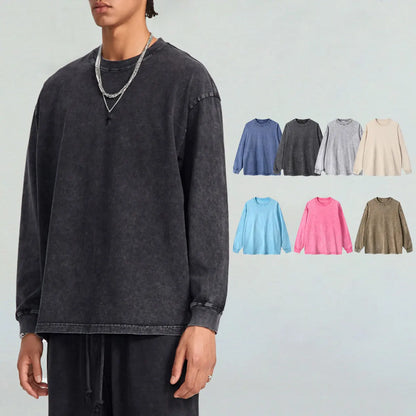 Trending Streetwear Supplier Low MOQ Acid Wash Oversized Blank Custom Print Unisex Long Sleeve T Shirt
