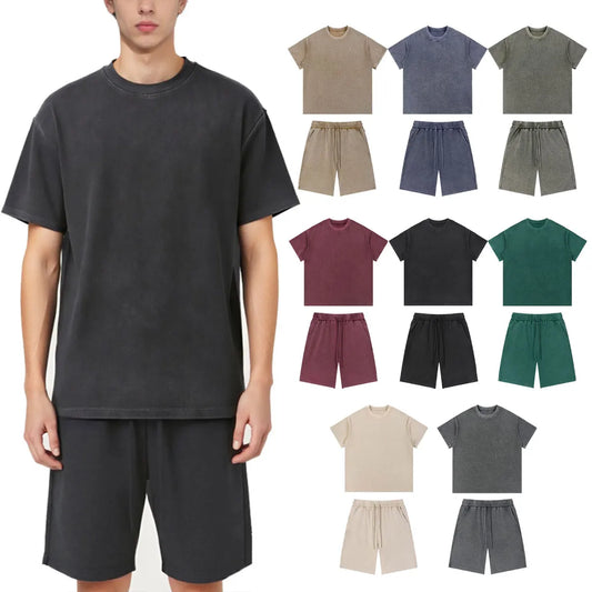 Vintage Fashion Supplier Low MOQ Acid Wash Washed Blank Custom Print Mens Loose Fit Summer Tracksuit