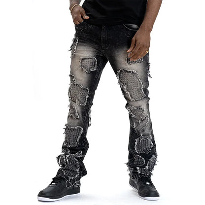 Quality Denim Fabric Pants Streetwear Style Tattered Design Stacked Flare Leg Jeans Custom Embroidered Patches Jeans Men