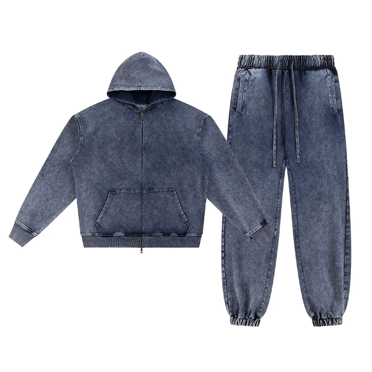 Vintage Fashion Supplier Low MOQ Acid Wash Washed Blank Custom Print Mens Loose Fit Sweatsuit Set