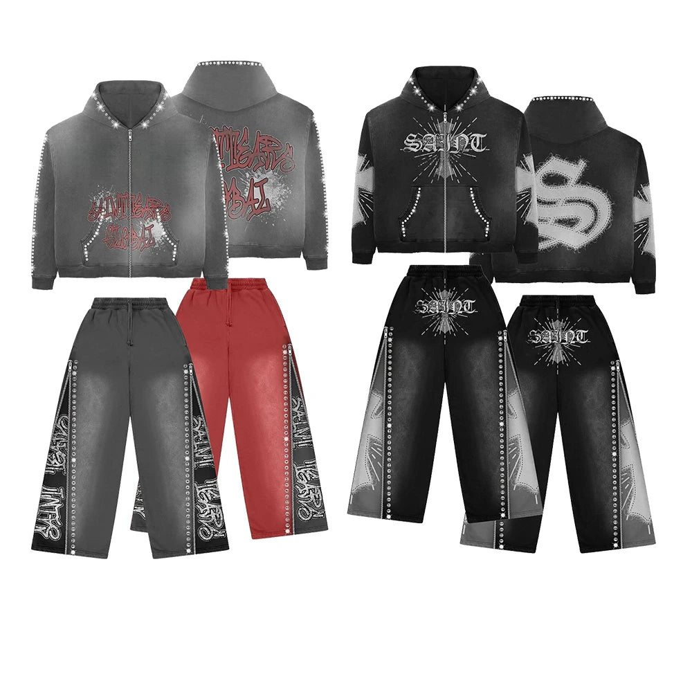 Huilin Oem New Style Rhinestone Hoodie Sweatpants Sets Sweatsuits Men Custom Vintage Washed Sunfaded Two Piece Tracksuit Sets