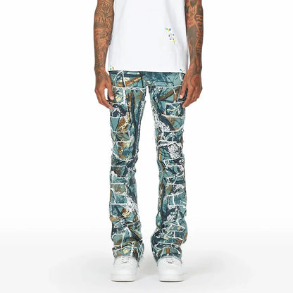 Manufacturer Multi-Patch Slim-fit Stacked Flared Pants Denim Custom Digital Printing Camouflage Jeans Men's Pants