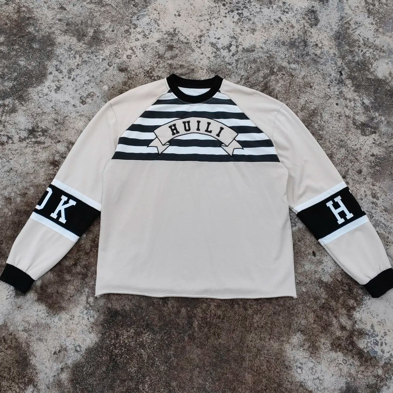 Custom 100% Cotton Heavyweight Oversized T-shirt Embroidery logo Men Color Block Raw Hem Boxy Long Sleeve T Shirt
