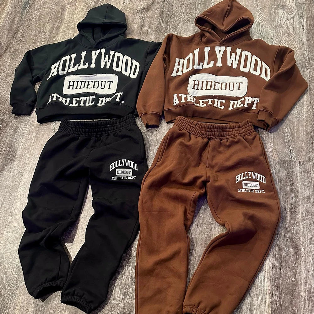 Huilin Manufacturer Custom Embroidery Patched Thick Cotton Streetwear Tracksuit Set Men Two Piece Hoodie Sweatpants Sets