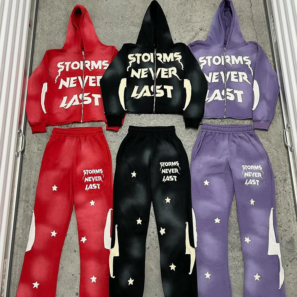 Huilin Oem Streetwear Two Piece Sets Tracksuits Custom Embroidery Logo Patched Men Vintage Washed Hoodie And Sweatpants Sets