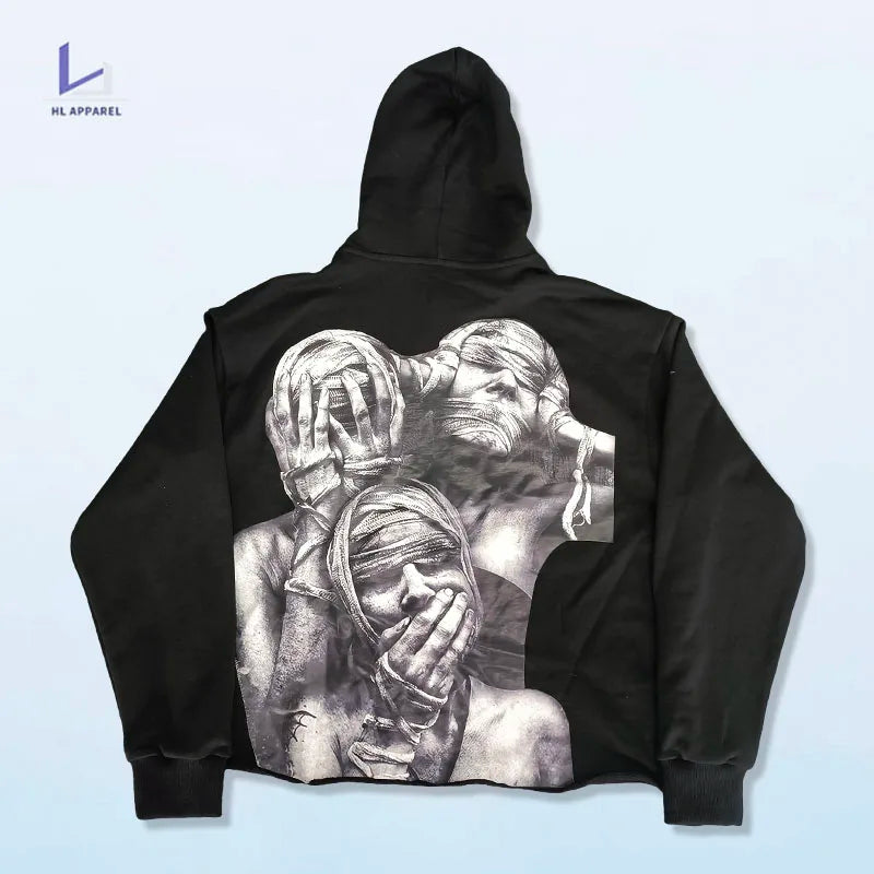 HL oem wholesale heavy cotton blank black raw hem hoodie manufacturer custom print y2k vintage graphic luxury cropped hoodie men