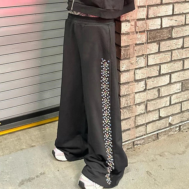 Huilin Wholesale Oversized Fit Wide Leg Sweatpants Men Custom Thick Cotton Side Rhinestone Baggy Flared Sweatpants