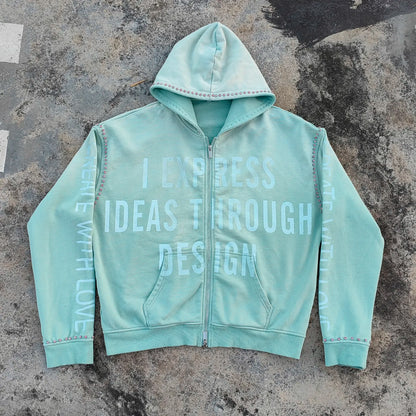 450Gsm French Terry Thick Cotton Zip up Hoodies Men Customs Creen Printing Vintage Washed Rhinestone Sunfaded Hoodie