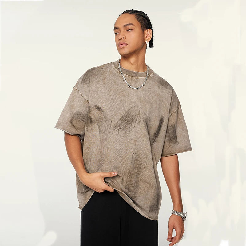 Huili Manufacturer Heavyweight Painted Color Acid Washed Hip Hop Raw Hem Round Neck Oversize Cotton T-Shirt