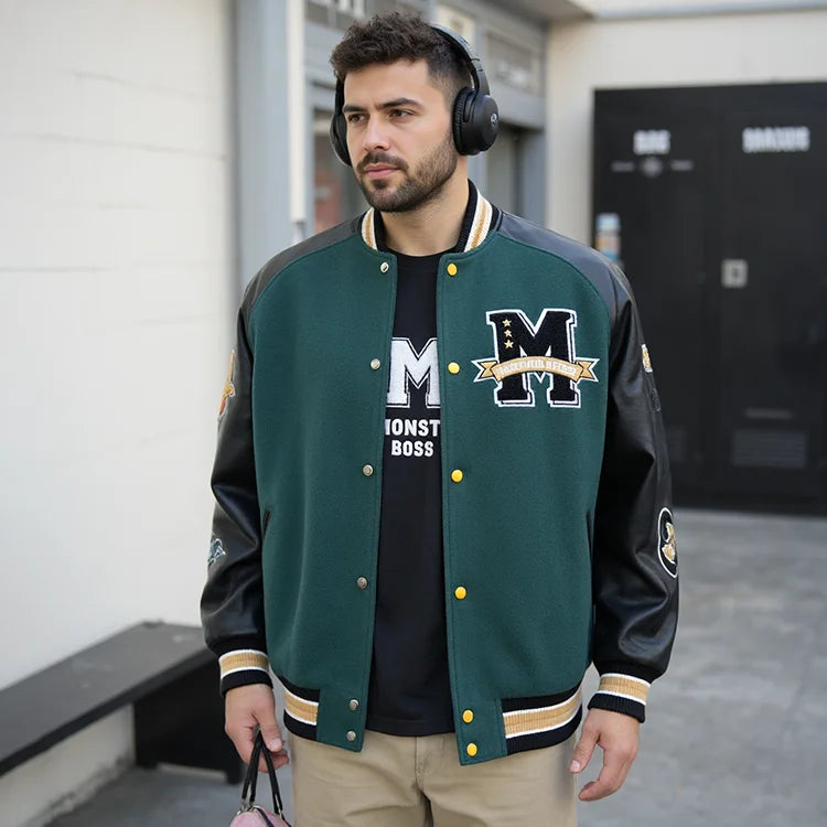 High Quality Men's Fall Winter Jacket Letterman Custom Team Embroidery College Jacket Leather Sleeve Streetwear Varsity Jacket