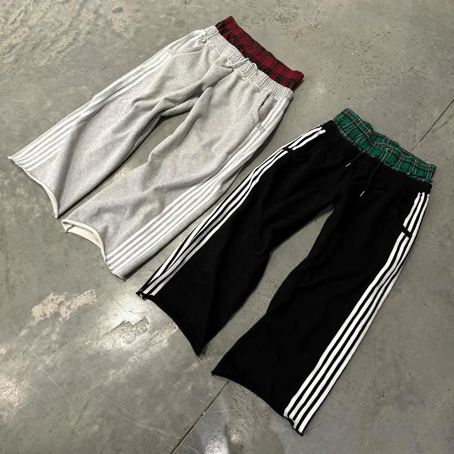 Huilin Oem Baggy Oversized Wide Leg Sweat Pants Men Custom Cut Edge Raw Hem Striped Side Double Waist Sweatpants