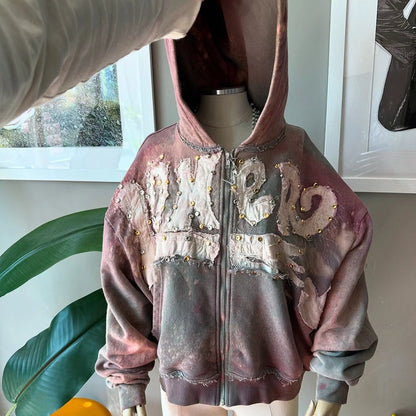 Oem High Quality Retro Washed Zip Up Hoodies Custom Oversized Fit Men Embroidery Logo Patched Rhinestone Vintage Hoodie