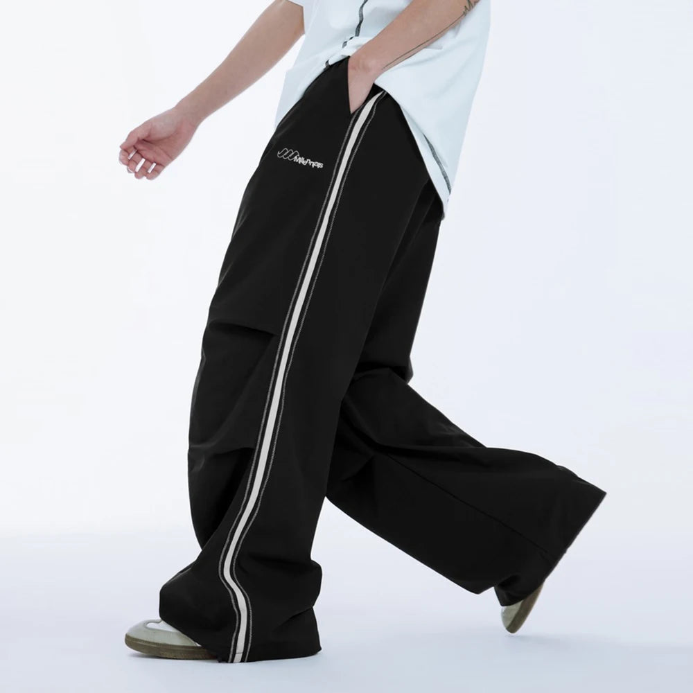 Huilin Custom Double Knee Wide Leg Cargo Track Pants Men Contrast Stitching Oversized Fit Baggy Parachute Pants