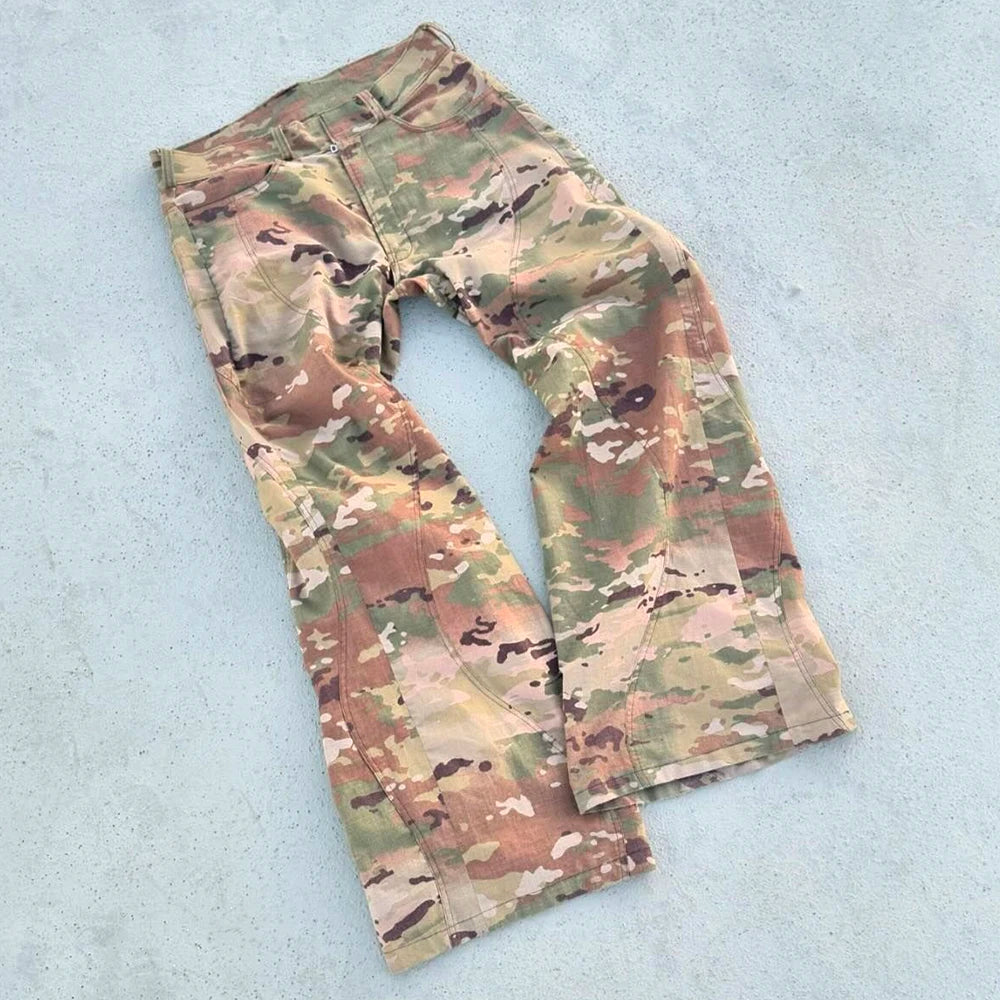 Huili Custom Fashion Streetwear Outdoor Work Pants Trousers Allover Camo Graphic Printing Men Baggy Wide Leg Flared Cargo Pants