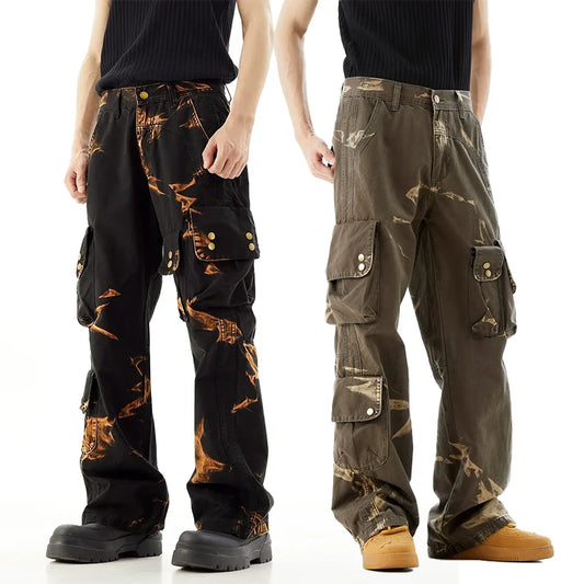 Factory Custom Flame Tie-Dye Jeans Pants Men Slim Fit Multi-Pocket Utility Cargo Denim Jeans