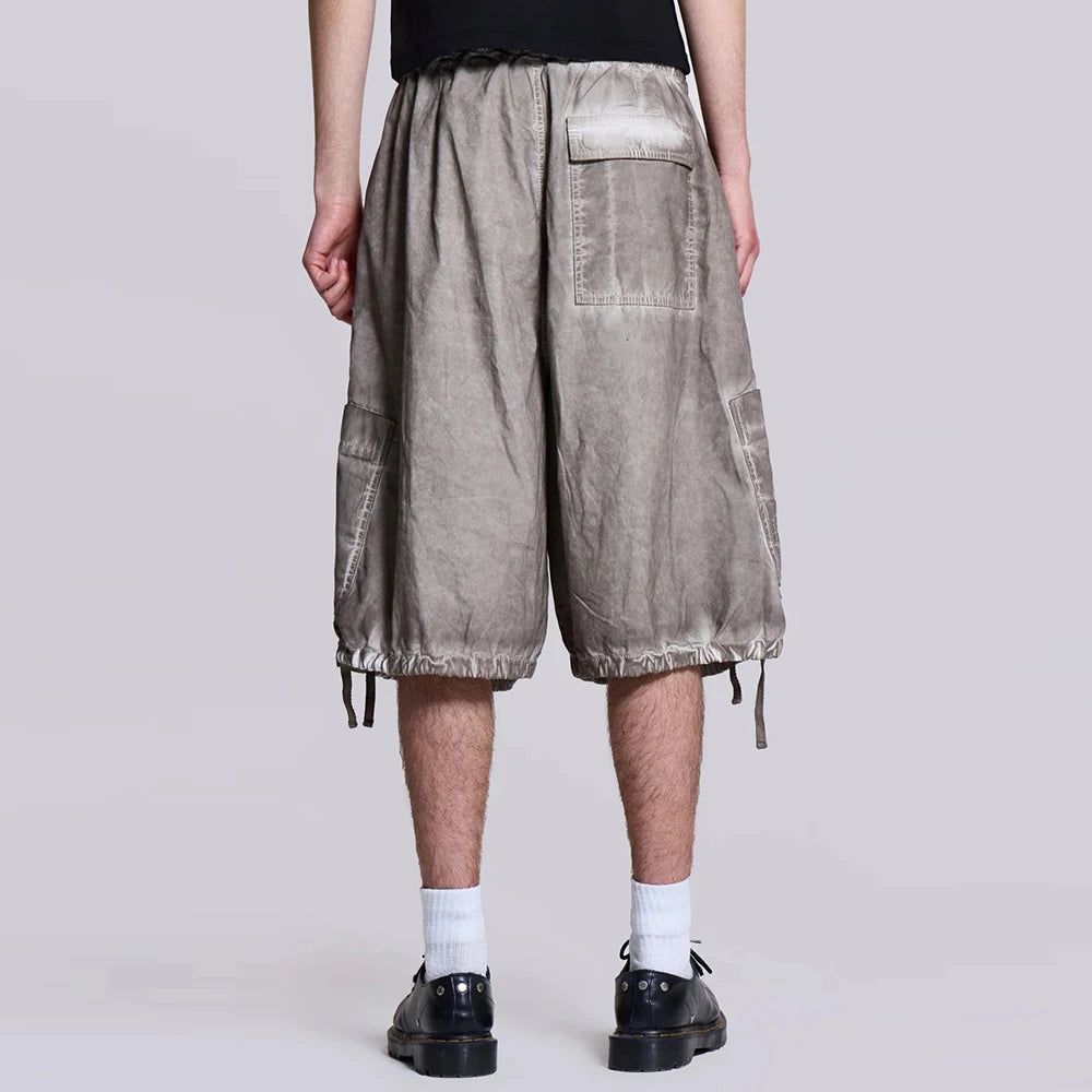 Huilin High Quality Custom Thick Cotton Cargo Shorts Men Vintage Oil Washed Baggy Wide Leg Parachute Shorts Pants