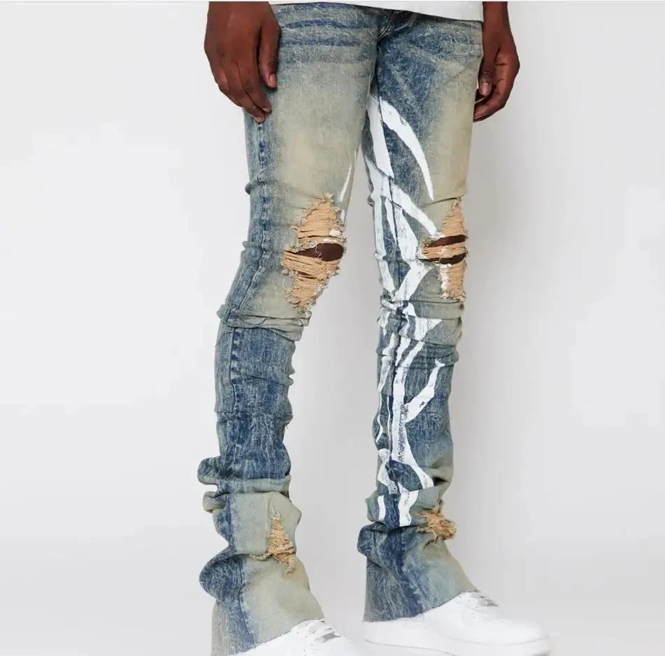 Wholesale custom vintage flared jeans paint splash skinny ripped stacked jeans men flare