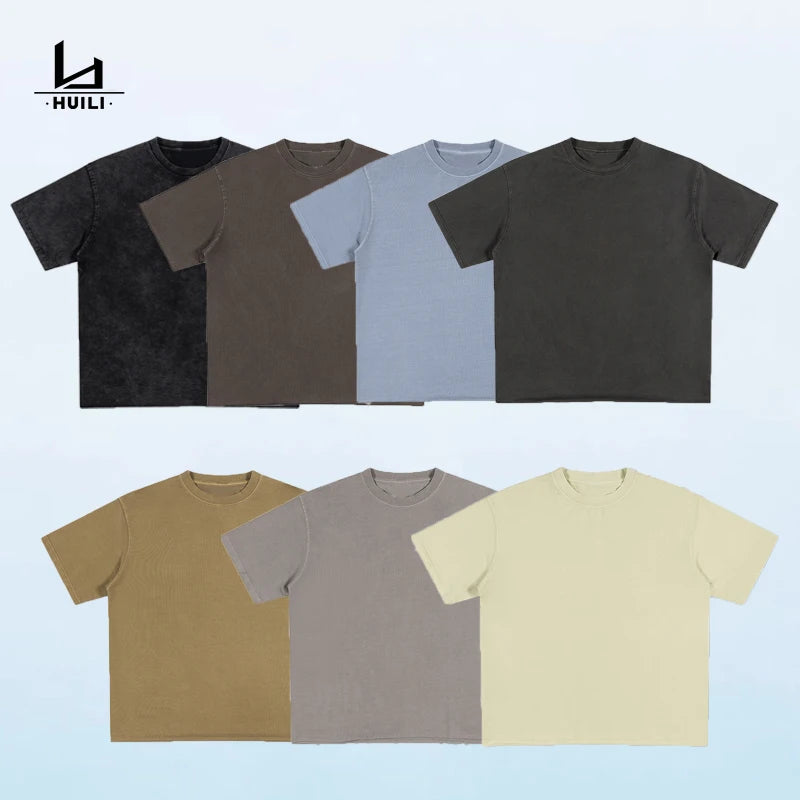 Huili Manufacturer 350gsm  Streetwear 100% Cotton Blank T Shirt Plain Casual Men's Oversized Vintage Washed T-shirts